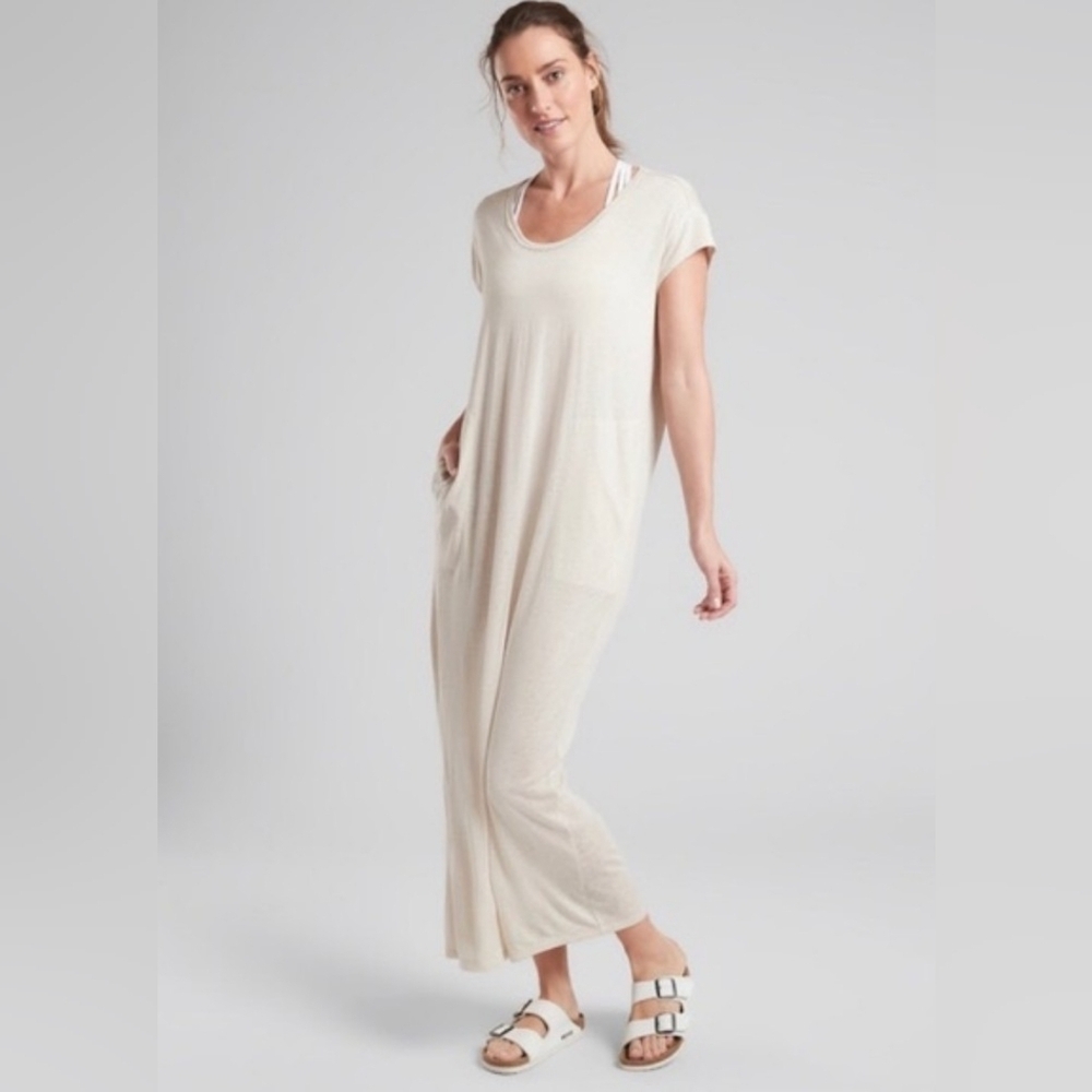 Athleta Semi-Sheer Martinique Maxi Soft Drapey Pockets Dress Asiago Ivory Size M